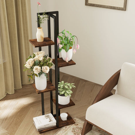Juego de 3 Soportes Altos de Madera para Plantas, 4+5+6 Niveles, para Interior, Marrón Rústico