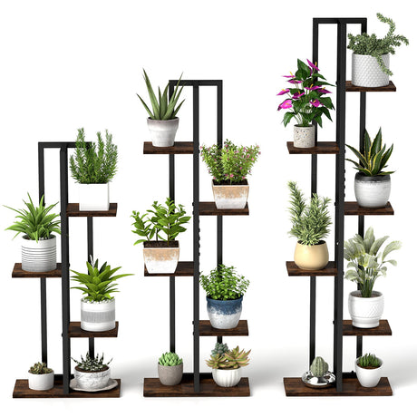 Juego de 3 Soportes Altos de Madera para Plantas, 4+5+6 Niveles, para Interior, Marrón Rústico