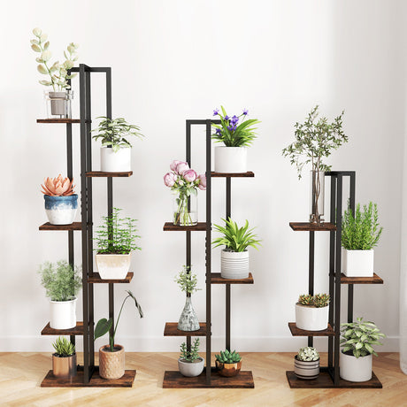 Juego de 3 Soportes Altos de Madera para Plantas, 4+5+6 Niveles, para Interior, Marrón Rústico