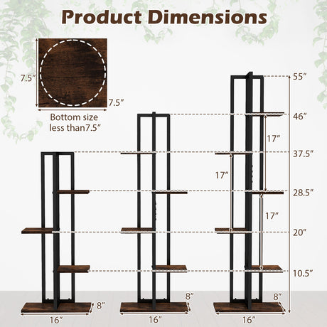 Juego de 3 Soportes Altos de Madera para Plantas, 4+5+6 Niveles, para Interior, Marrón Rústico