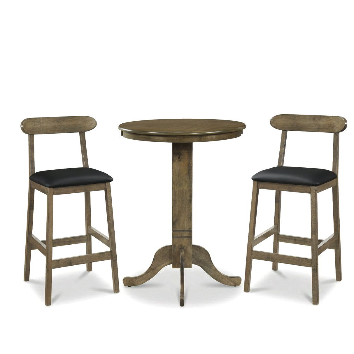 Juego de mesa de bar de madera de 3 piezas para 2 personas, mesa de pub redonda con base de pedestal y 2 taburetes sin respaldo