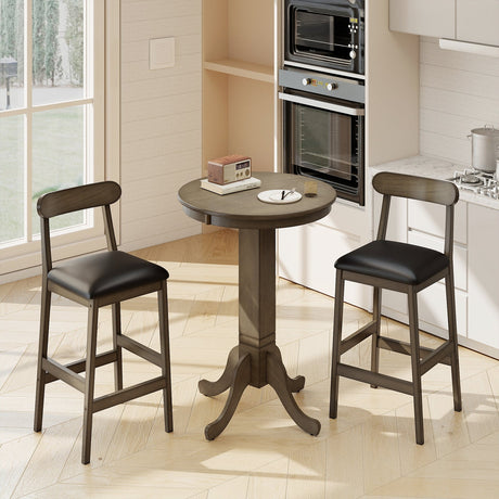 Juego de mesa de bar de madera de 3 piezas para 2 personas, mesa de pub redonda con base de pedestal y 2 taburetes sin respaldo