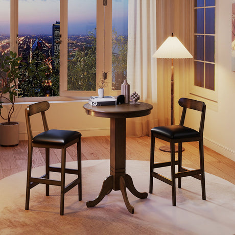 Juego de mesa de bar de madera de 3 piezas para 2 personas, mesa de pub redonda con base de pedestal y 2 taburetes sin respaldo
