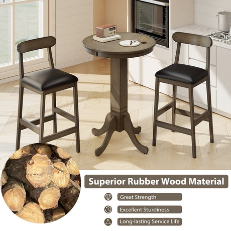Juego de mesa de bar de madera de 3 piezas para 2 personas, mesa de pub redonda con base de pedestal y 2 taburetes sin respaldo