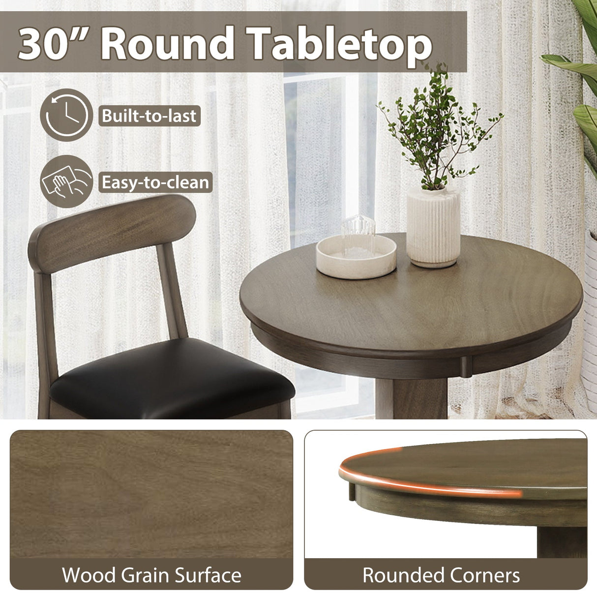 Juego de mesa de bar de madera de 3 piezas para 2 personas, mesa de pub redonda con base de pedestal y 2 taburetes sin respaldo