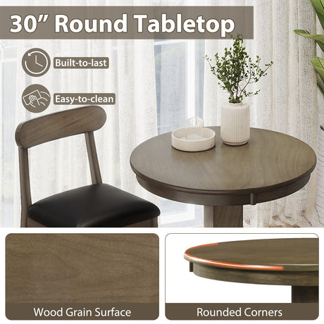Juego de mesa de bar de madera de 3 piezas para 2 personas, mesa de pub redonda con base de pedestal y 2 taburetes sin respaldo
