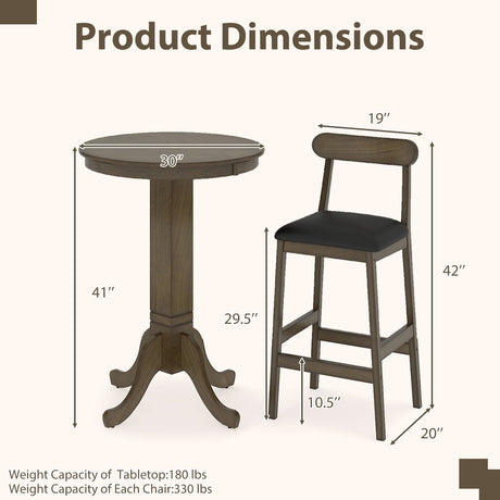 Juego de mesa de bar de madera de 3 piezas para 2 personas, mesa de pub redonda con base de pedestal y 2 taburetes sin respaldo