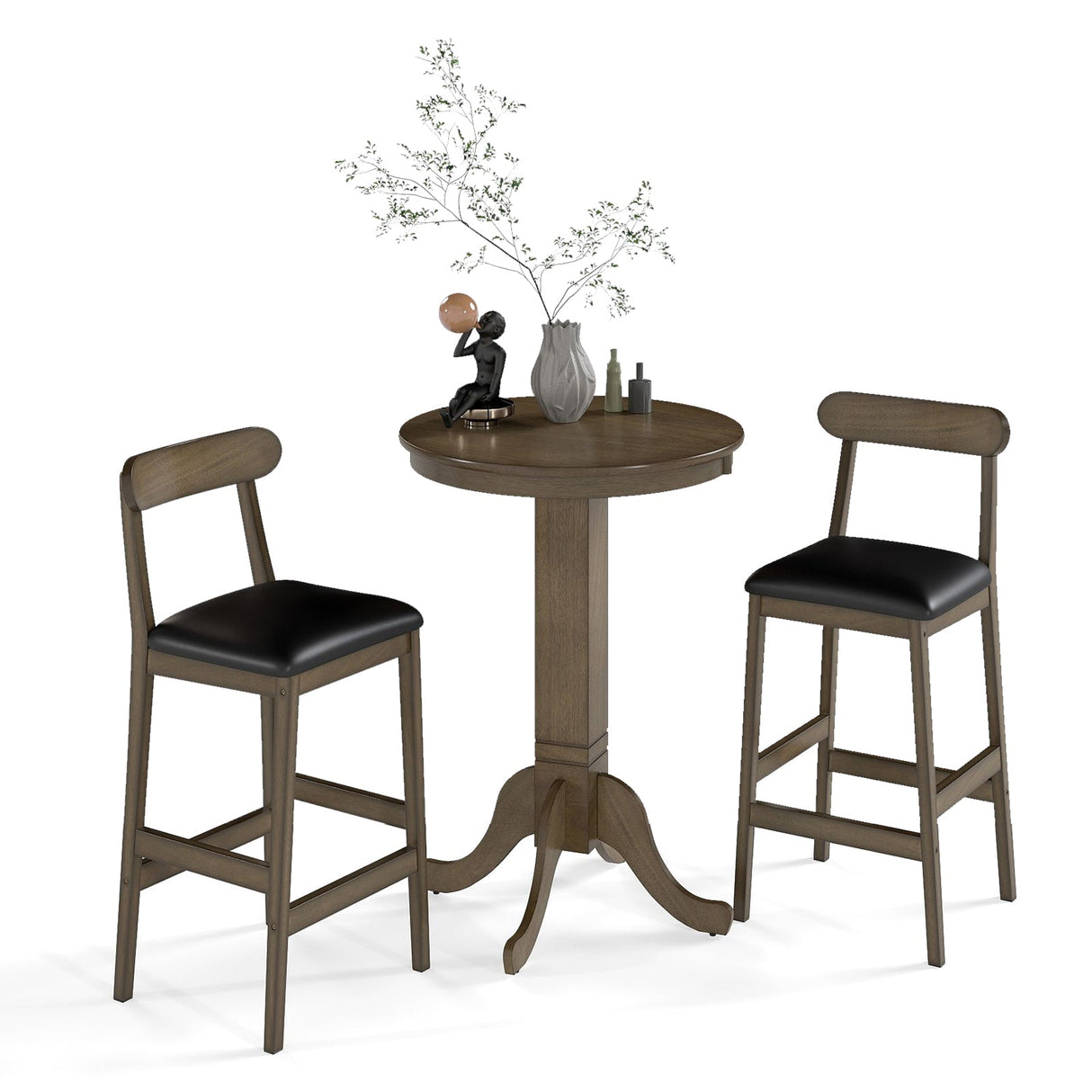 Juego de mesa de bar de madera de 3 piezas para 2 personas, mesa de pub redonda con base de pedestal y 2 taburetes sin respaldo