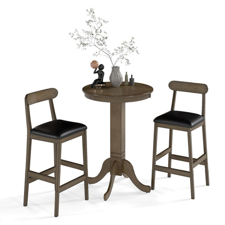 Juego de mesa de bar de madera de 3 piezas para 2 personas, mesa de pub redonda con base de pedestal y 2 taburetes sin respaldo