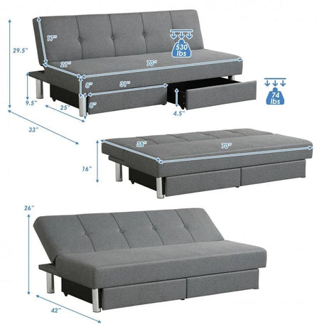 Sofá Cama Convertible de 3 Plazas con 2 Cajones Grandes y 3 Ángulos Ajustables