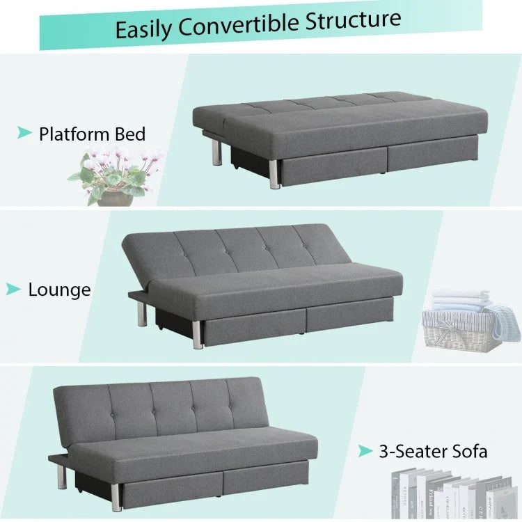 Sofá Cama Convertible de 3 Plazas con 2 Cajones Grandes y 3 Ángulos Ajustables