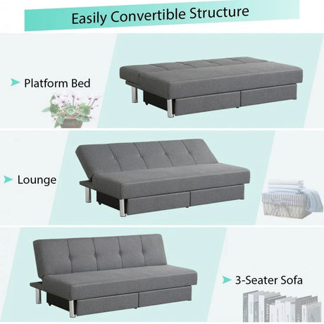 Sofá Cama Convertible de 3 Plazas con 2 Cajones Grandes y 3 Ángulos Ajustables