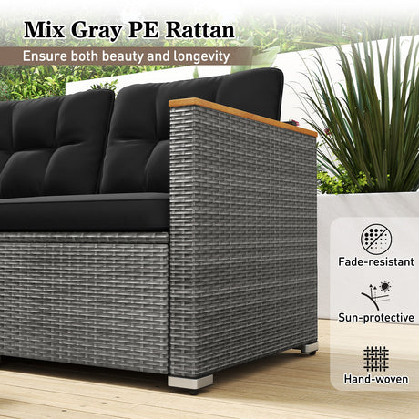 Sofá de patio de 3 plazas de ratán PE con asientos profundos y cojines - Gris Mixto