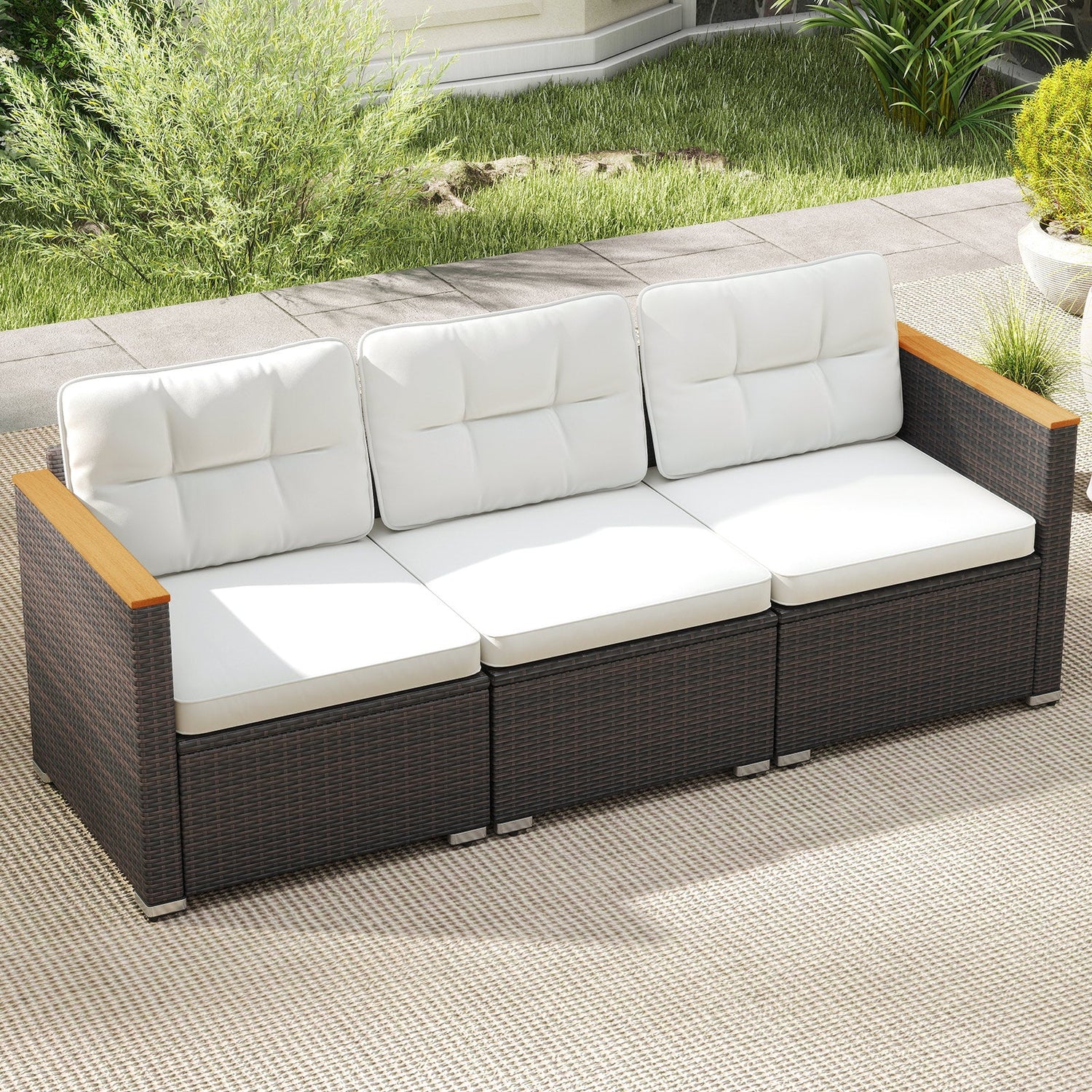 Sofá de jardín de 3 plazas con asiento profundo y cojines - Blanco