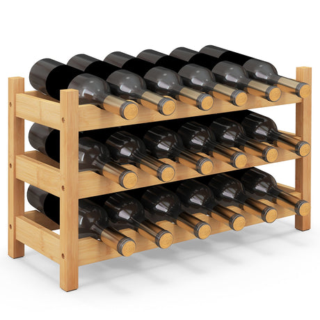 Organizador de botellas de vino de mostrador de bambú de 3 niveles con soporte independiente
