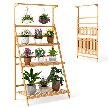 Soporte Colgante de Bambú de 3 Niveles para Plantas con Barra Colgante de Altura Ajustable - Natural