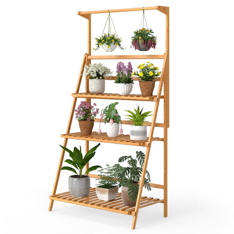 Soporte Colgante de Bambú de 3 Niveles para Plantas con Barra Colgante de Altura Ajustable - Natural
