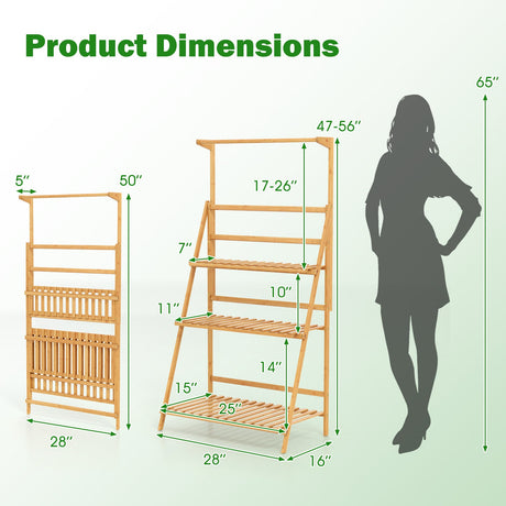 Soporte Colgante de Bambú de 3 Niveles para Plantas con Barra Colgante de Altura Ajustable - Natural