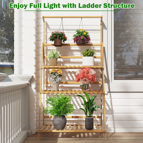 Soporte Colgante de Bambú de 3 Niveles para Plantas con Barra Colgante de Altura Ajustable - Natural