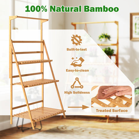 Soporte Colgante de Bambú de 3 Niveles para Plantas con Barra Colgante de Altura Ajustable - Natural