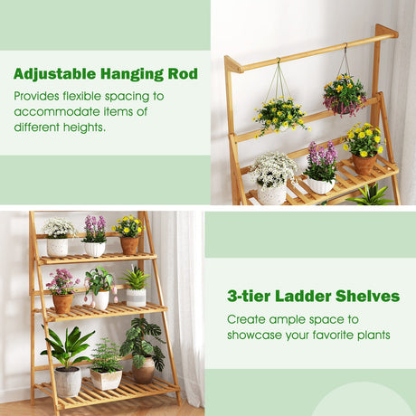 Soporte Colgante de Bambú de 3 Niveles para Plantas con Barra Colgante de Altura Ajustable - Natural