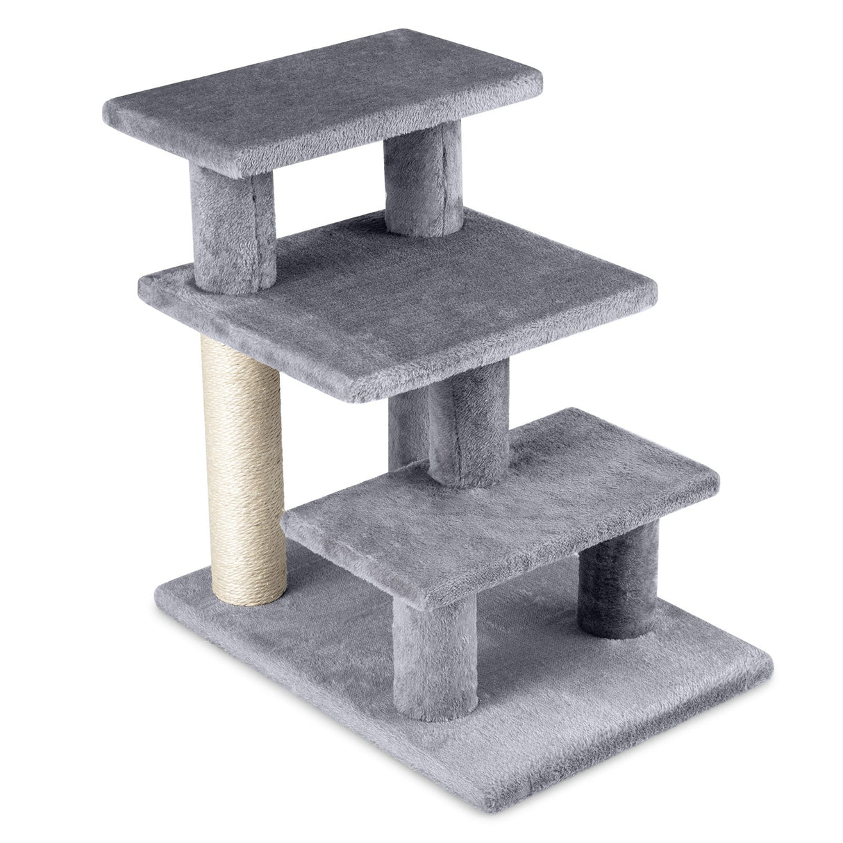 Escaleras para Gatos de 3 Escalones de 19 Pulgadas con Peluche y Rascadores para Cama Alta o Sofá-Gris