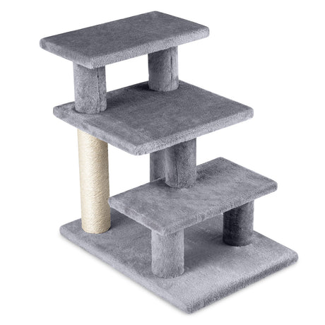 Escaleras para Gatos de 3 Escalones de 19 Pulgadas con Peluche y Rascadores para Cama Alta o Sofá-Gris
