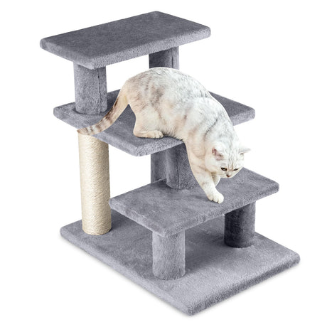 Escaleras para Gatos de 3 Escalones de 19 Pulgadas con Peluche y Rascadores para Cama Alta o Sofá-Gris