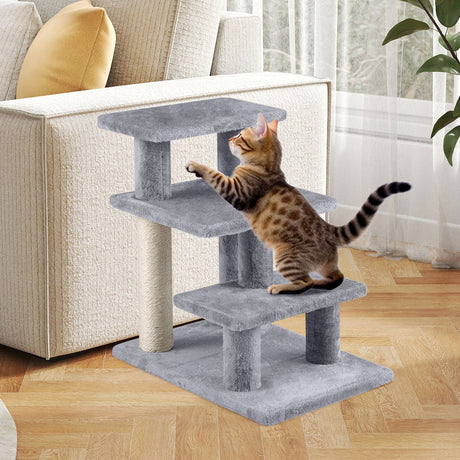 Escaleras para Gatos de 3 Escalones de 19 Pulgadas con Peluche y Rascadores para Cama Alta o Sofá-Gris