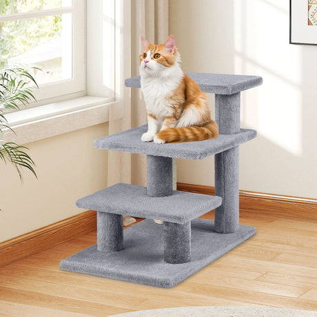 Escaleras para Gatos de 3 Escalones de 19 Pulgadas con Peluche y Rascadores para Cama Alta o Sofá-Gris