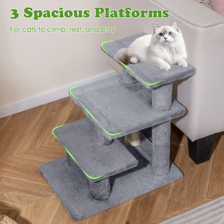 Escaleras para Gatos de 3 Escalones de 19 Pulgadas con Peluche y Rascadores para Cama Alta o Sofá-Gris