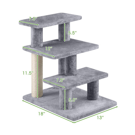 Escaleras para Gatos de 3 Escalones de 19 Pulgadas con Peluche y Rascadores para Cama Alta o Sofá-Gris
