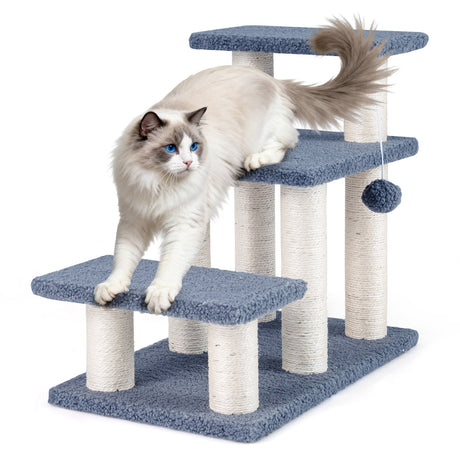 Escaleras de 3 niveles para gatos de 50 cm con postes rascadores y pelota de juguete colgante - Gris