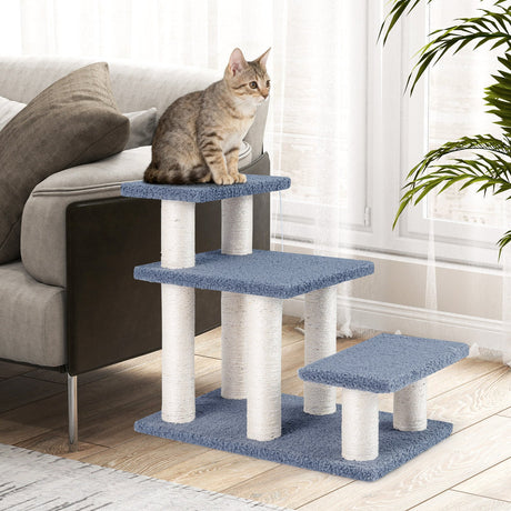 Escaleras de 3 niveles para gatos de 50 cm con postes rascadores y pelota de juguete colgante - Gris
