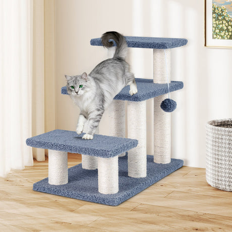 Escaleras de 3 niveles para gatos de 50 cm con postes rascadores y pelota de juguete colgante - Gris