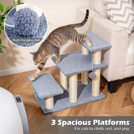 Escaleras de 3 niveles para gatos de 50 cm con postes rascadores y pelota de juguete colgante - Gris