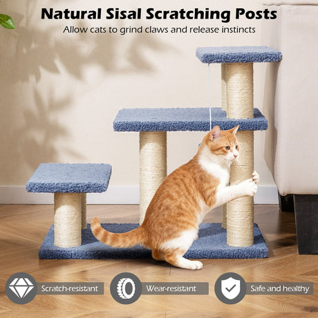Escaleras de 3 niveles para gatos de 50 cm con postes rascadores y pelota de juguete colgante - Gris