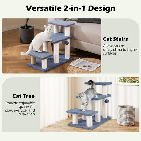 Escaleras de 3 niveles para gatos de 50 cm con postes rascadores y pelota de juguete colgante - Gris