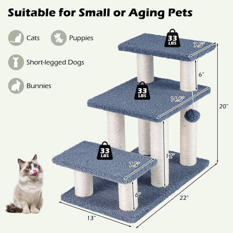 Escaleras de 3 niveles para gatos de 50 cm con postes rascadores y pelota de juguete colgante - Gris