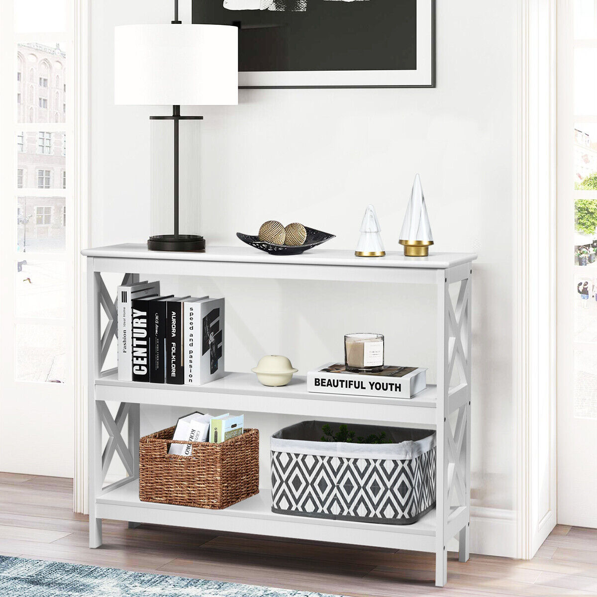 Mesa auxiliar decorativa de sofá con diseño en X y 3 niveles