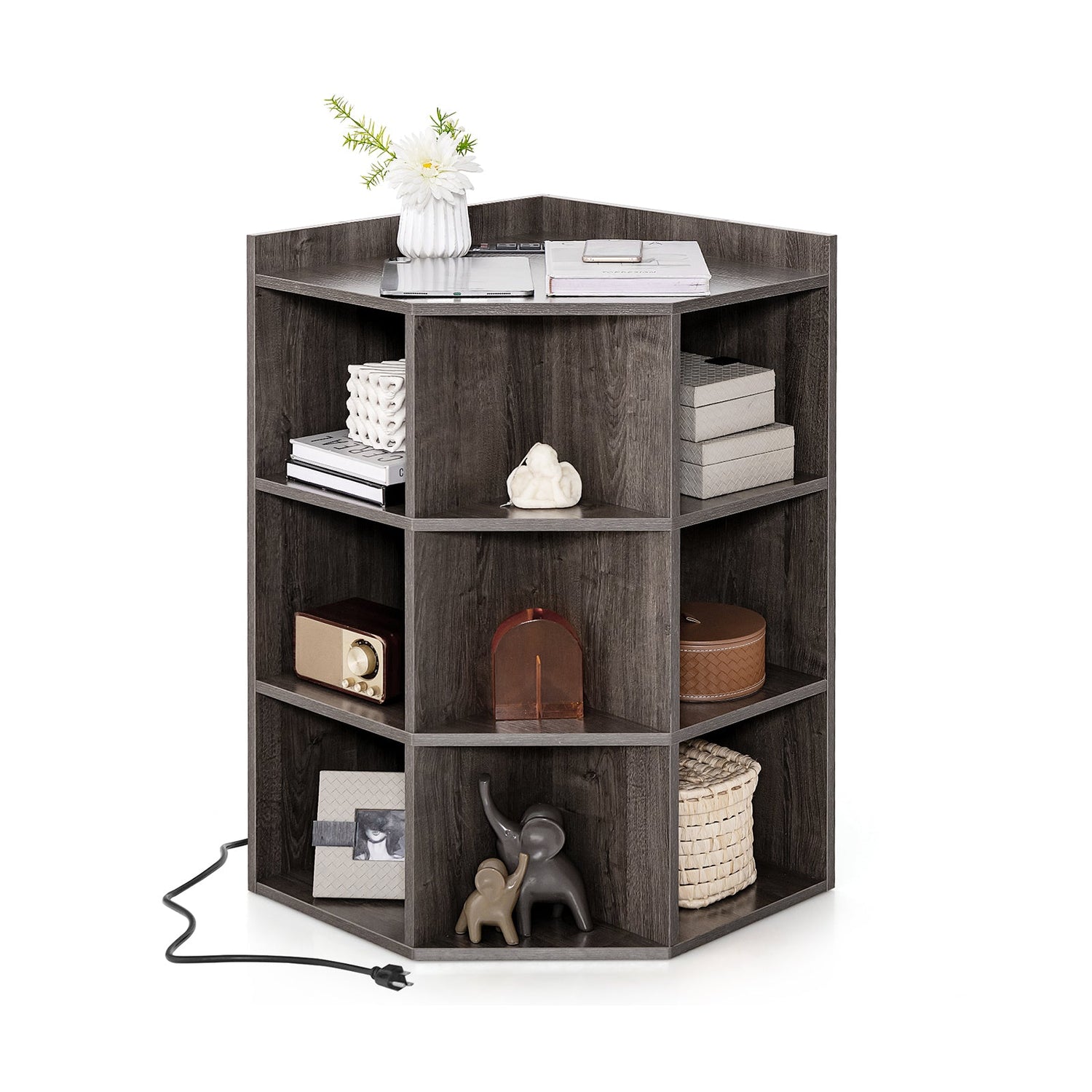 Mueble esquinero de 3 niveles con estación de carga para dormitorio