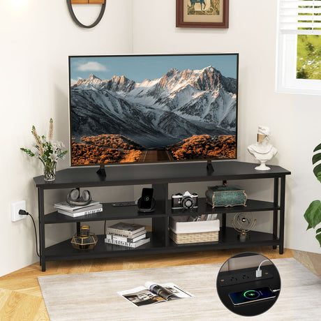 Mueble para TV esquinero de 3 niveles para televisores de hasta 65 pulgadas con estación de carga