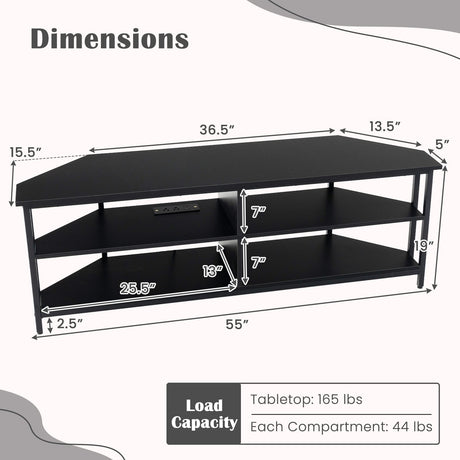 Mueble para TV esquinero de 3 niveles para televisores de hasta 65 pulgadas con estación de carga