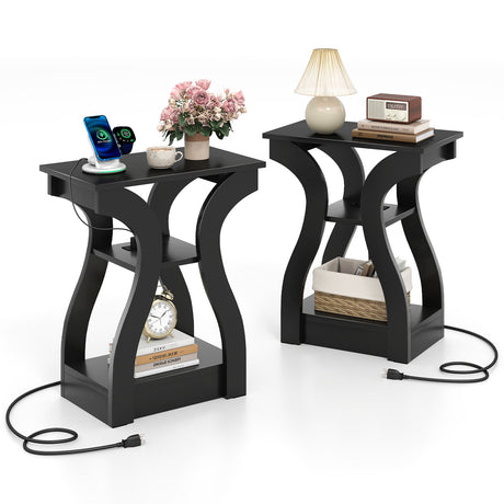 Mesas auxiliares de 3 niveles con estación de carga, juego de 2 con estantes de almacenamiento abiertos