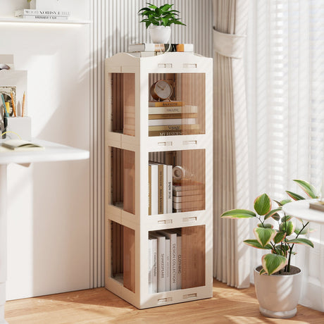 Estantería giratoria plegable de 3 niveles con base giratoria y paneles translúcidos - Blanca