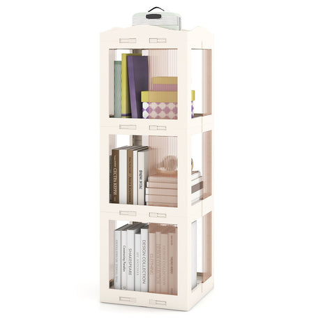 Estantería giratoria plegable de 3 niveles con base giratoria y paneles translúcidos - Blanca