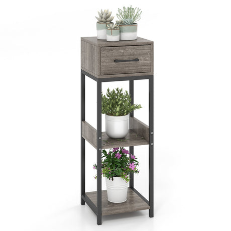 Soporte alto de 3 niveles para plantas con cajón y dispositivos antivuelco - Gris