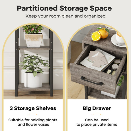 Soporte alto de 3 niveles para plantas con cajón y dispositivos antivuelco - Gris
