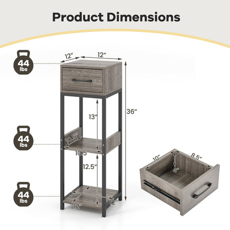 Soporte alto de 3 niveles para plantas con cajón y dispositivos antivuelco - Gris