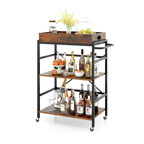 Carrito de bar industrial de 3 niveles con bandeja desmontable para cocinas - Marrón rústico
